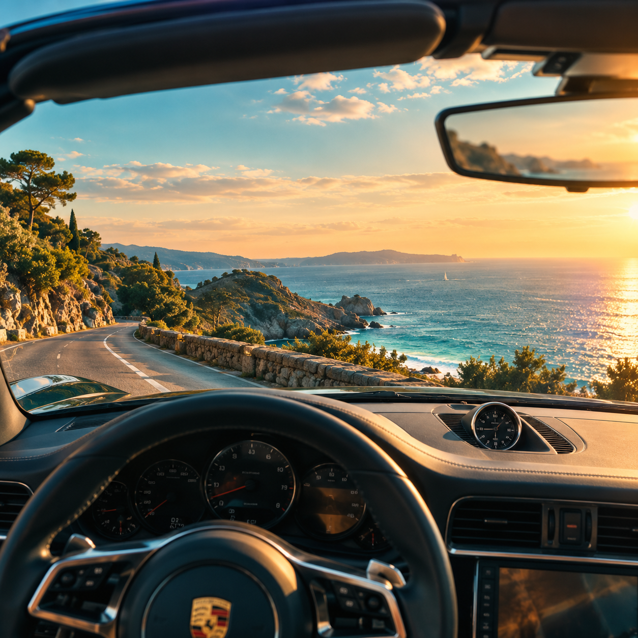 Blick aus dem Porsche-Innenraum auf kurvige Küstenstraße, Meer und Sonnenuntergang mit Spiegelungen im Rückspiegel.